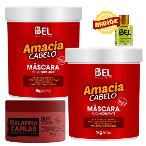 02 Máscaras Amacia Cabelo Bel Profissional 1kg + Gelatina Capilar 250gr+ Óleo - Bel Professional