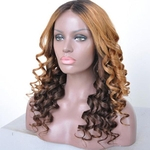 18 inches Women Fashion Long Curly Lace Front Free Part Synthetic Full Brown Mix Blonde Wig Cosplay Wig for Party