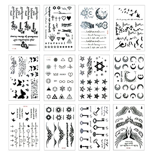 (12 Sheets, Black) - Micropromo Fashion 12 Sheets Various Styles Temporary Tattoos Stickers Removable Waterproof Fake Cool Symbols