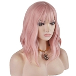 14 Inches Women Girls Short Curly Synthetic Wig with Air Bangs Lovely Pink, 230 Grams