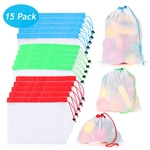 15 PCS reutilizável produzir sacos 3 tamanhos lavável saco de armazenamento de malha com cordão e overlock durável