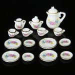 15pcs Dollhouse Miniature Dining Ware Porcelain Tea Set Prato Cup Plate