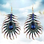 1Pair Mulheres Retro Rhinestone Peacock Feather Shape Statement Hook Dangle Earrings