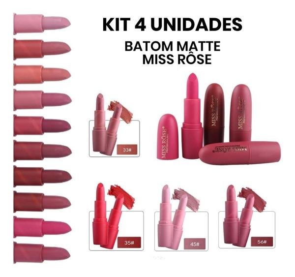 4 Batom Matte Luxo Miss Rose Kit Batom