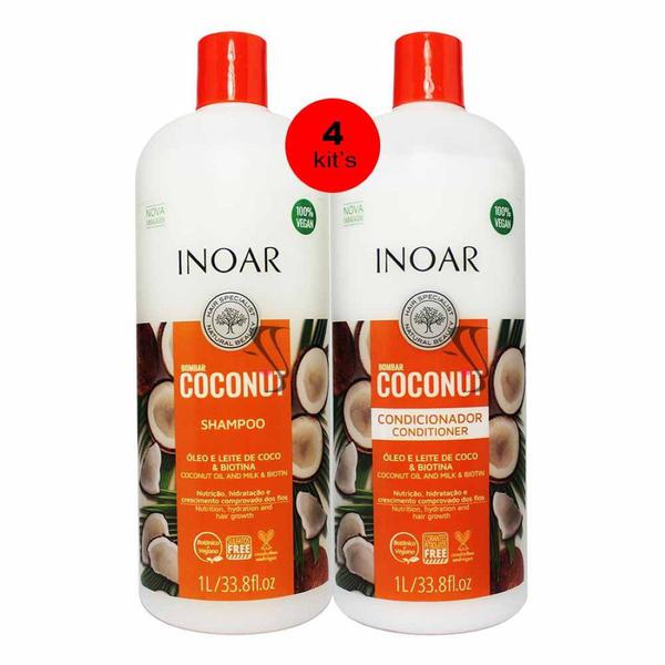 4 Kits Shampoo e Condicionador Bombar Coconut 1L - Inoar