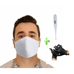 4 Máscaras Unissex Proteção Rosto Nariz Boca Algodão Lavável + Luvas + Termômetro