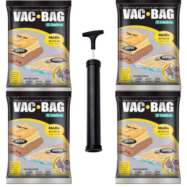 4 Sacos à Vácuo Vac Bag Ordene Médio 45x65 + Bomba Manual