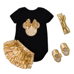 Gostar 4Pcs / Set Bebé recém-nascido macias do algodão Macacão Roupa Set manga curta Macacão macacãozinho + Ouro Fold Dress + Hairband + Ouro Shoes