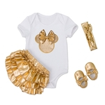 4Pcs / Set Bebé recém-nascido macias do algodão Macacão Roupa Set manga curta Macacão macacãozinho + Ouro Fold Dress + Hairband + Ouro Shoes
