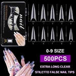 500x Extra Long Clear Stiletto Nail Tips Tips Acrílico Gel Salon Half Cover c