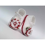 A63 Sapatinho de croche para bebe feminino branco vermelho flor laco