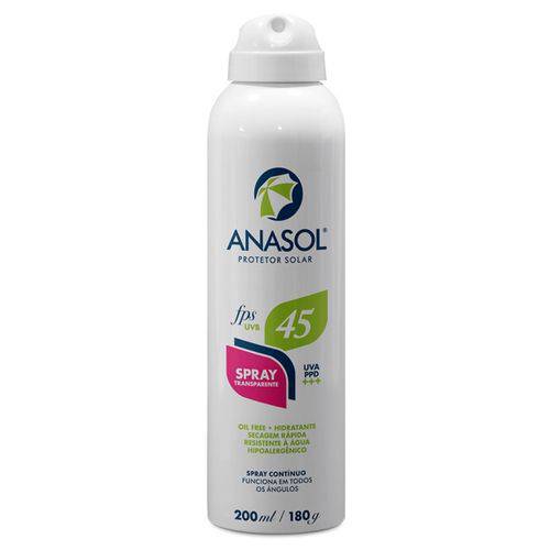 Anasol Protetor Solar Spray Transparente FPS 45 - Hipoalergênico - Oil Free 200ml / 180 G