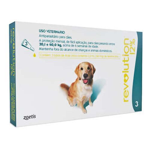 Anti Pulgas e Carrapatos Zoetis Revolution 12% para Cães de 20 a 40 Kg - 3 Ampolas de 2,0 ML