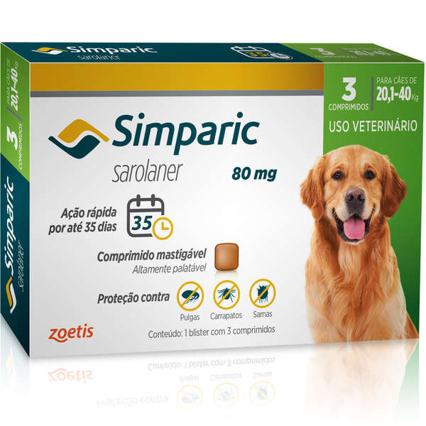 Anti-pulgas Simparic 80 Mg - Cães 20,1 a 40Kg - 3 Unidades
