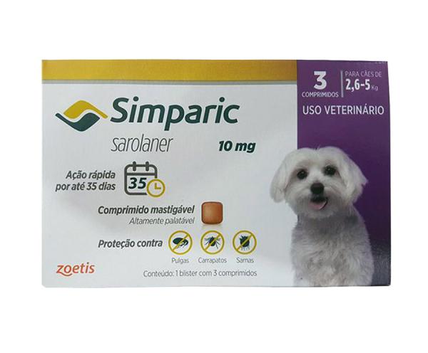 Anti Pulgas Zoetis Simparic 10 Mg para Cães 2,6 a 5 Kg - 3 Comprimidos