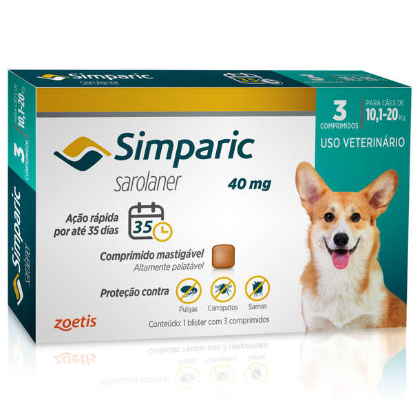 Anti-pulgas Simparic 40 Mg - Cães 10,1 a 20 Kg - 3 Unidades