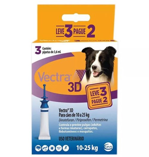 Antipulgas e Carrapatos Ceva Vectra 3D para Cães de 10 a 25 Kg 3,6 ML 3 Pipetas