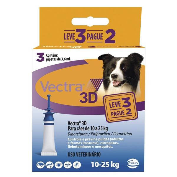 Antipulgas e Carrapatos para Cães de 10 a 25kg Vectra 3D - 3 Pipetas - Ceva