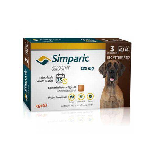Antipulgas Simparic 120 Mg para Cães 40,1 a 60 Kg - Zoetis 3 Comprimidos