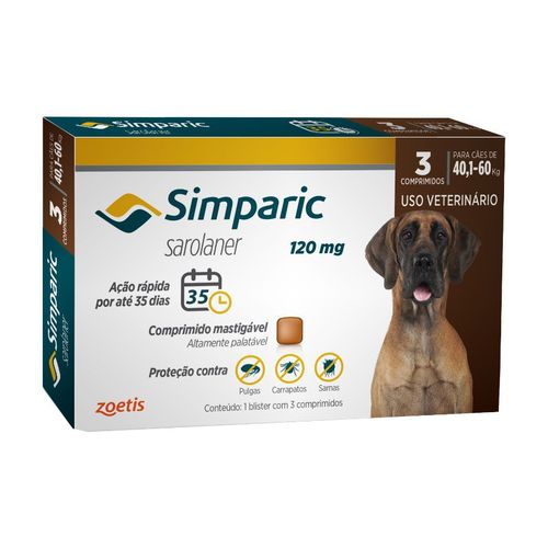 Antipulgas Simparic 120 Mg para Cães 40,1 a 60 Kg - Zoetis 3 Comprimidos