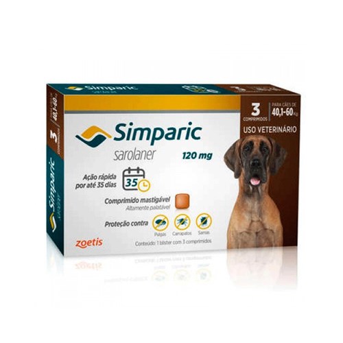 Antipulgas Simparic 120mg para Cães de 40,1 a 60kg Zoetis - 3 Comprimidos