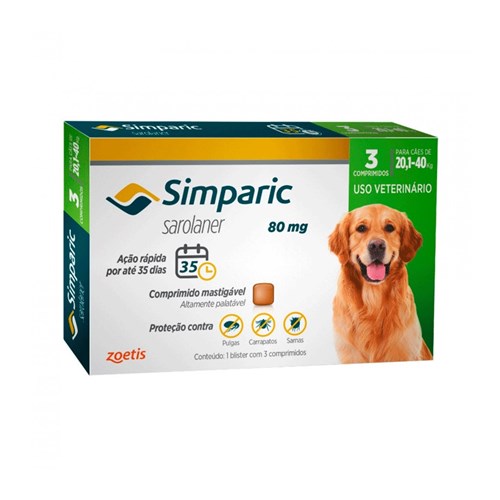 Antipulgas Simparic 80 Mg para Cães de 20,1 a 40kg Zoetis - 3 Comprimidos