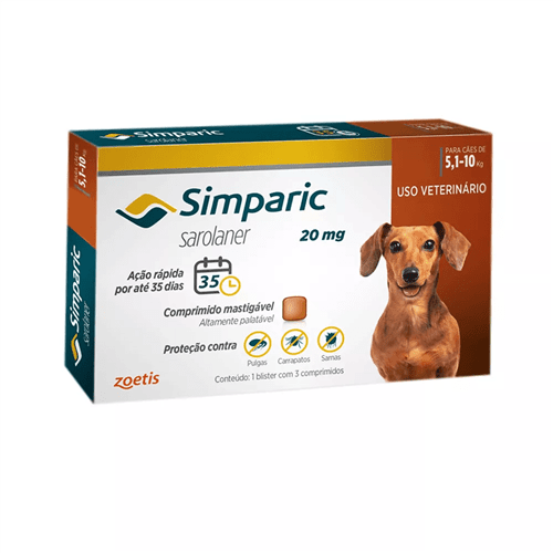 Antipulgas Simparic Zoetis 20 Mg Cães 5,1 a 10 Kg 3 Comprimidos