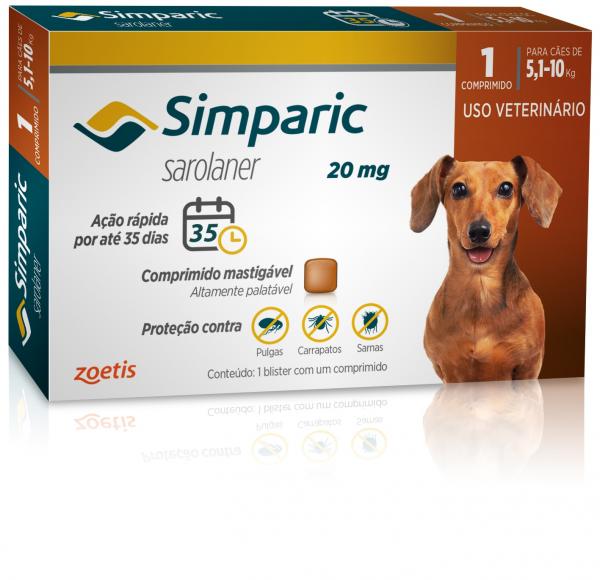 Antipulgas Zoetis Simparic 20 Mg para Cães 5,1 a 10 Kg com 1 Comprimido