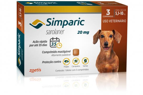 Antipulgas Zoetis Simparic 20 Mg para Cães 5,1 a 10 Kg - com 3 Comprimidos