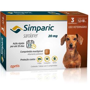 Antipulgas Zoetis Simparic 20 Mg para Cães 5,1 a 10 Kg - 3 Comprimidos