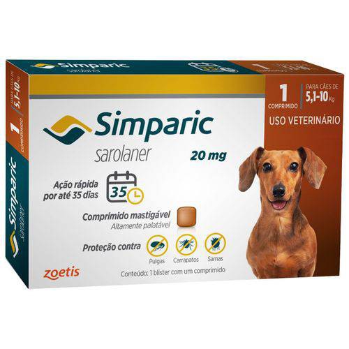 Antipulgas Zoetis Simparic 20mg para Cães 5 a 10 Kg - 1 Comprimido