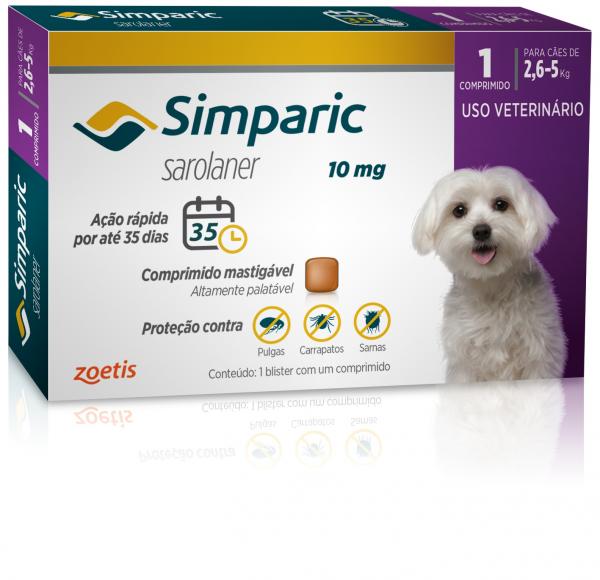 Antipulgas Zoetis Simparic 10 Mg para Cães 2,6 a 5 Kg com 1 Comprimido