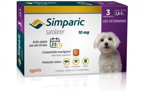 Antipulgas Zoetis Simparic 10 Mg para Cães 2,6 a 5 Kg 3 Comprimidos