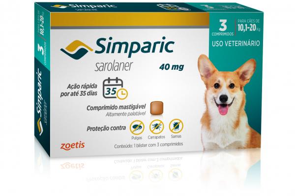 Antipulgas Zoetis Simparic 40 Mg para Cães 10,1 a 20 Kg com 3 Comprimidos