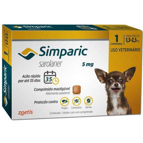 Antipulgas Zoetis Simparic 5 Mg para Cães 1,3 a 2,5 Kg