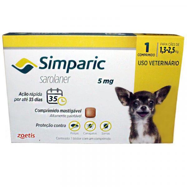 Antipulgas Zoetis Simparic 5mg para Cães 1,3 a 2,5 Kg - 1 Comprimido