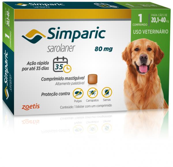 Antipulgas Zoetis Simparic 80 Mg para Cães 20,1 a 40 Kg com 1 Comprimido