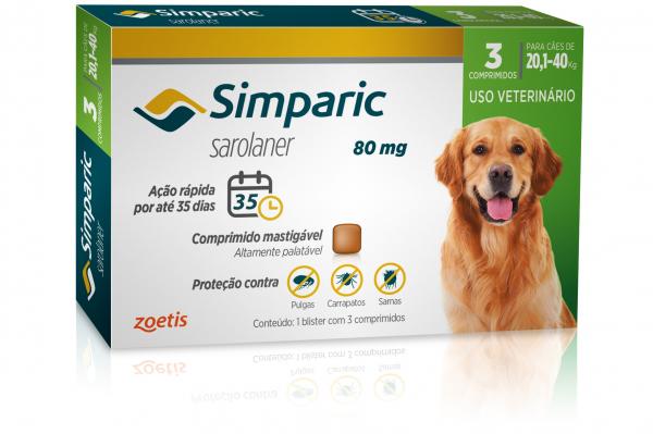 Antipulgas Zoetis Simparic 80 Mg para Cães 20,1 a 40 Kg com 3 Comprimidos