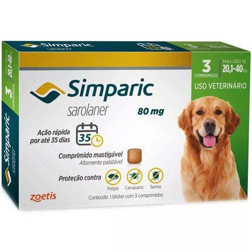 Antipulgas Zoetis Simparic 80 Mg para Cães 20,1 a 40 Kg - 3 Comprimidos