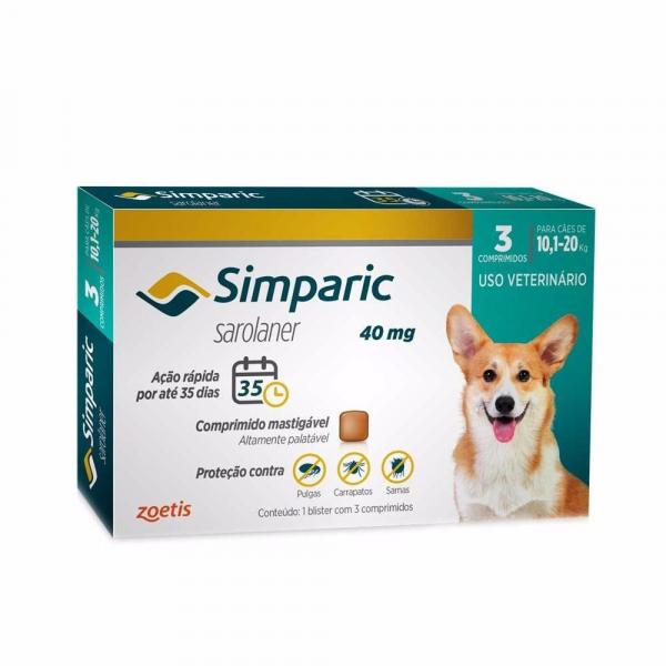 Antipulgas Zoetis Simparic para Cães 10,1 a 20 Kg - 3 Comprimidos