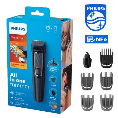 Aparador de Pelos Maquina de Barbear e Cortar Cabelo Aparelho Barbeador Philips MG3721 7 em 1 Preto