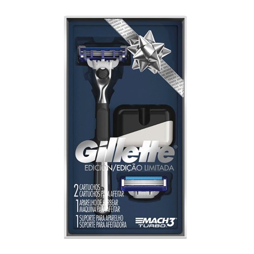Aparelho de Barbear Gillette Mach3 Turbo Edição Limitada com 2 Cargas e 1 Suporte para o Aparelho