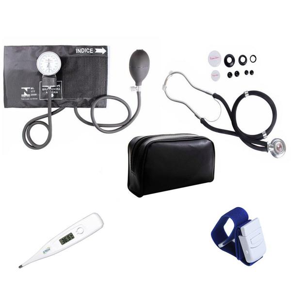 Aparelho Medidor de Pressão + Estetoscopio + Garrote + Termômetro - Premium