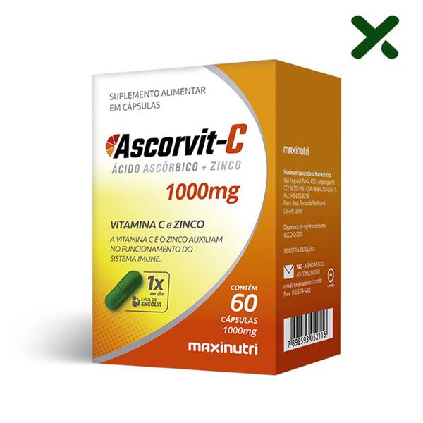 AscorVit C 1000mg Vitamina C Zinco 60 Cápsulas Loja Maxinutri