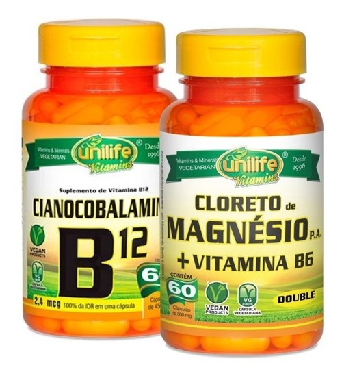 B12 Cianocobalamina + Cloreto de Magnésio P.a e B6 2X60 Cáps (Natural)