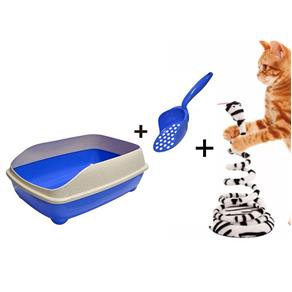 Bandeja Sanitária Banheiro para Areia Higiênica de Gatos com Pá Coletora Pet Flex Azul + Brinquedo João Bobo Branco Gatos Chalesco