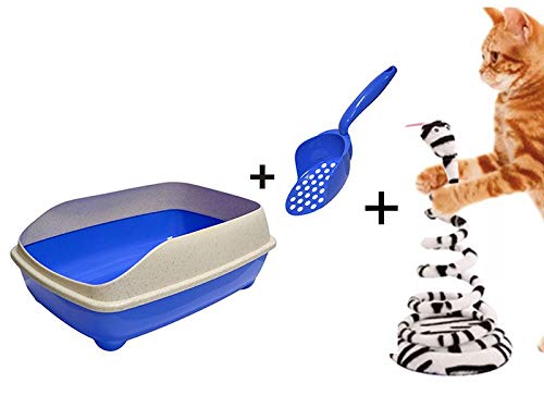 Bandeja Sanitária Banheiro para Areia Higiênica de Gatos com Pá Coletora Pet Flex Azul + Brinquedo João Bobo Branco Gatos Chalesco