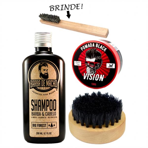Barba Kit - Shampoo + Pomada Black + Escova Redonda - Barba de Macho