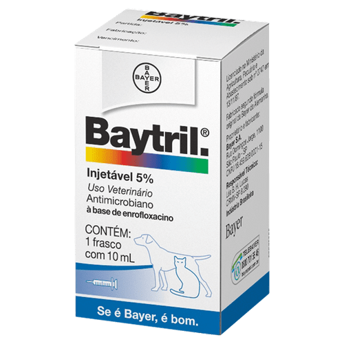 Baytril Injetável Cães e Gatos 5% - 10ml _ Antibiótico Bayer 10ml