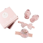 Bebê bonito dos desenhos animados menina bowknot flor headband + Shoes Set com caixas de presente